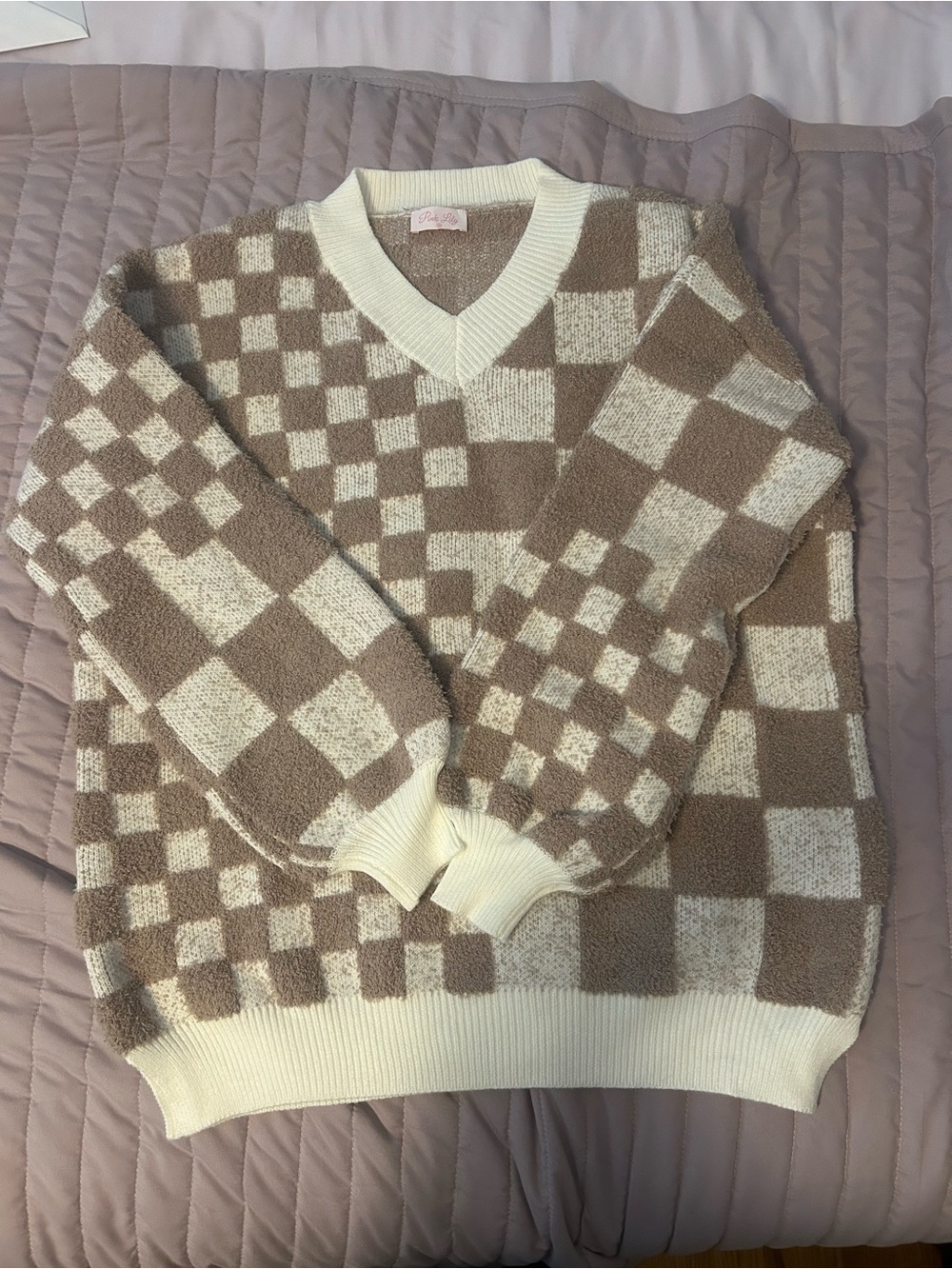 Pink Lily Checkerboard V-Neck Sweater in Cream & Tan